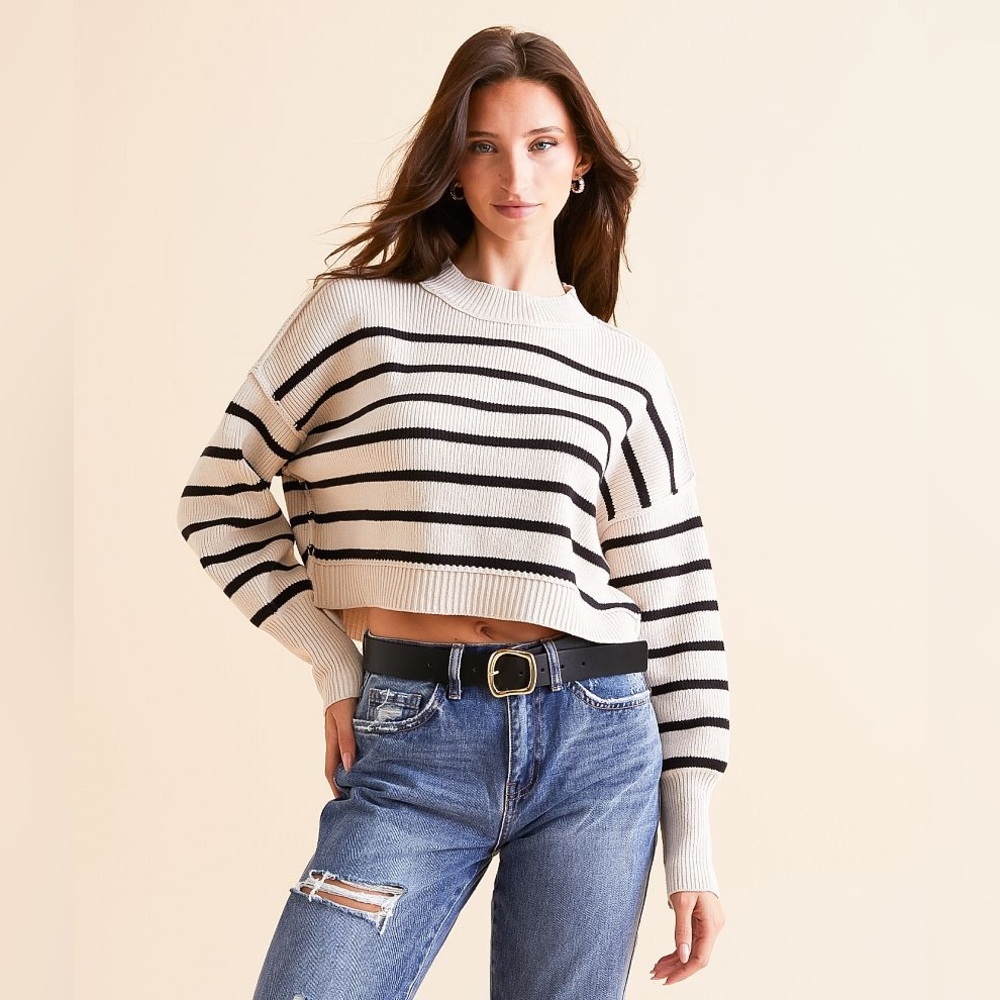 FREE PEOPLE Striped Easy Street Cropped Sweater Pearl Combo Knit Oversized Large